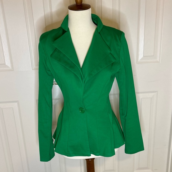 Kelly Green Double Notch Lapel Sharp Shoulder Pad Single Button Peplum Blazer - Picture 9 of 12